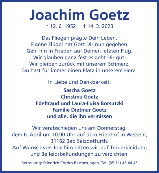 Traueranzeige von Joachim Goetz von Hannoversche Allgemeine Zeitung/Neue Presse