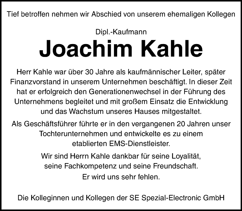  Traueranzeige für Joachim Kahle vom 01.04.2023 aus Schaumburger Nachrichten