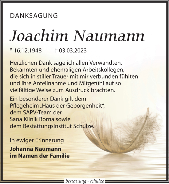 Traueranzeige von Joachim Naumann von Leipziger Volkszeitung