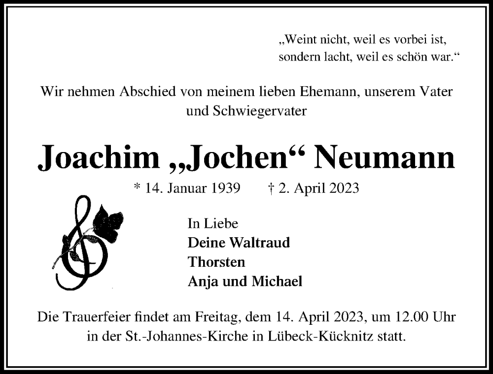  Traueranzeige für Joachim Neumann vom 09.04.2023 aus Lübecker Nachrichten