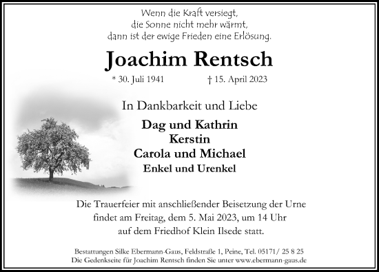 Traueranzeige von Joachim Rentsch von Peiner Allgemeine Zeitung