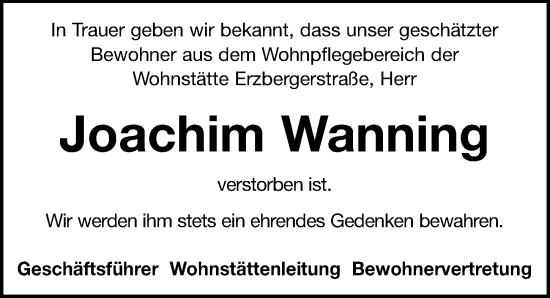 Traueranzeige von Joachim Wanning von Leipziger Volkszeitung