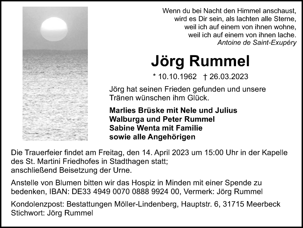  Traueranzeige für Jörg Rummel vom 01.04.2023 aus Schaumburger Nachrichten
