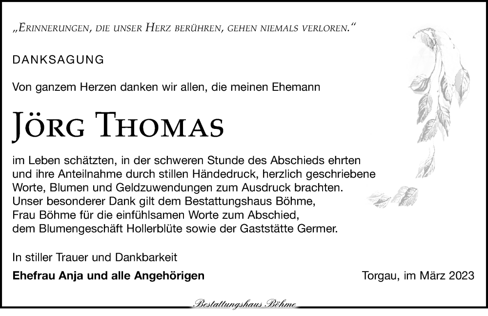  Traueranzeige für Jörg Thomas vom 08.04.2023 aus Torgauer Zeitung