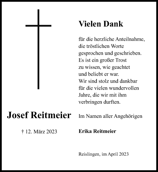 Traueranzeige von Josef Reitmeier von Aller Zeitung