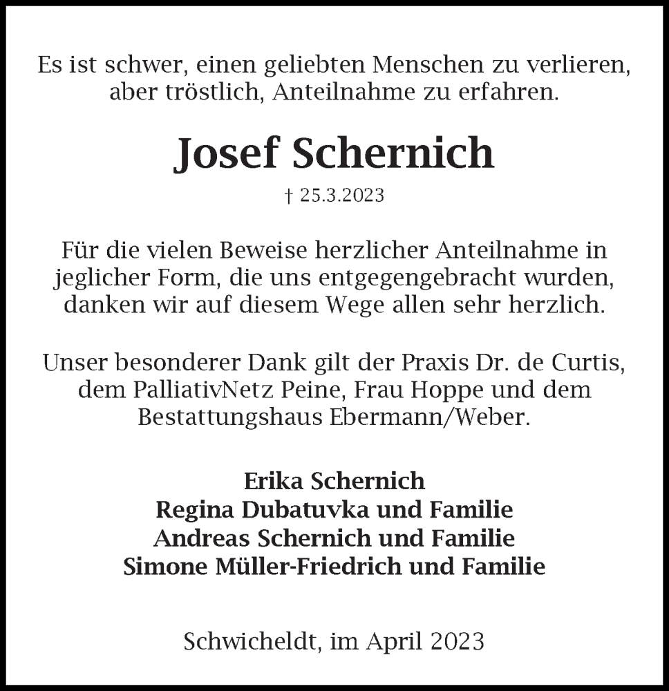  Traueranzeige für Josef Schernich vom 29.04.2023 aus Peiner Allgemeine Zeitung