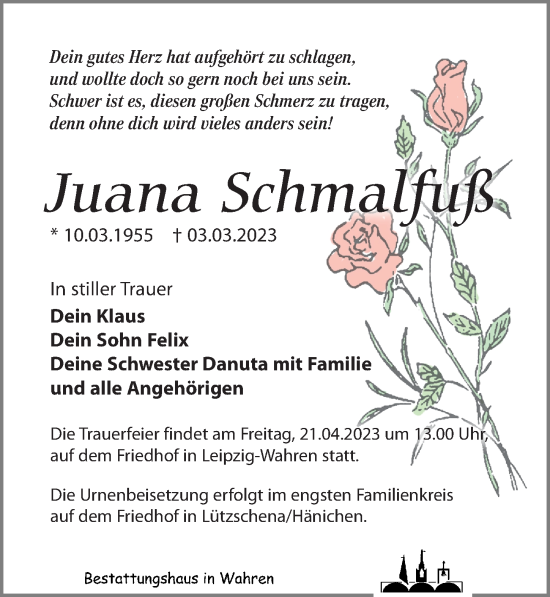 Traueranzeige von Juana Schmalfuß von Leipziger Volkszeitung