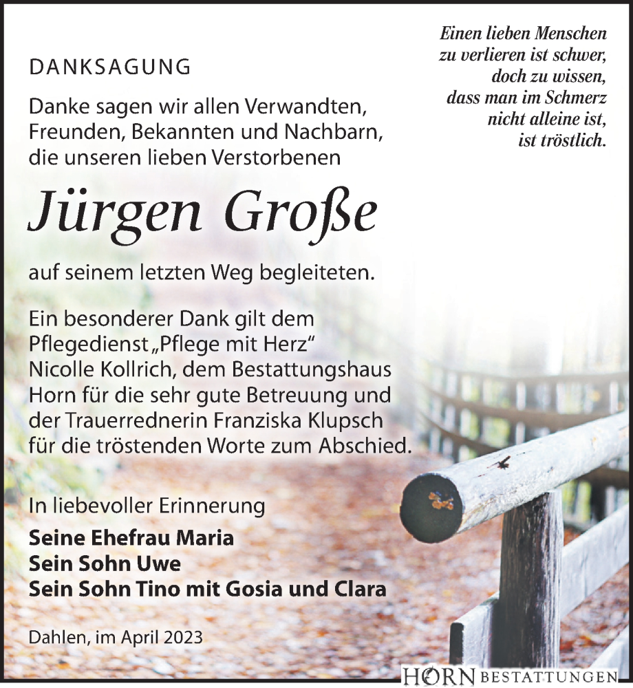  Traueranzeige für Jürgen Große vom 01.04.2023 aus Leipziger Volkszeitung