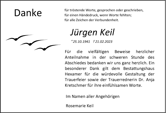Traueranzeige von Jürgen Keil von Ostsee-Zeitung GmbH