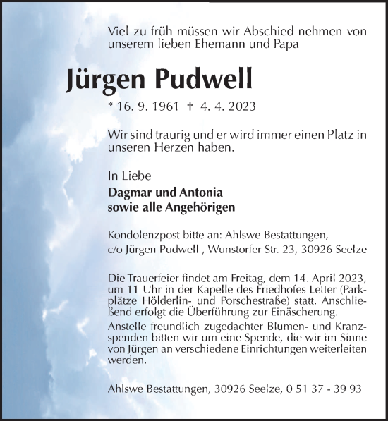 Traueranzeige von Jürgen Pudwell von Hannoversche Allgemeine Zeitung/Neue Presse