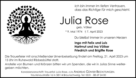 Traueranzeige von Julia Rose von Aller Zeitung