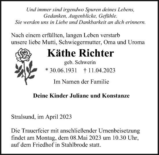 Traueranzeige von Käthe Richter von Ostsee-Zeitung GmbH