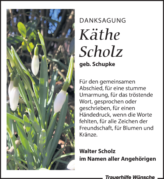 Traueranzeige von Käthe Scholz von Leipziger Volkszeitung