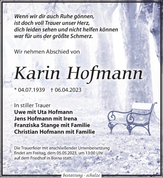 Traueranzeige von Karin Hofmann von Leipziger Volkszeitung