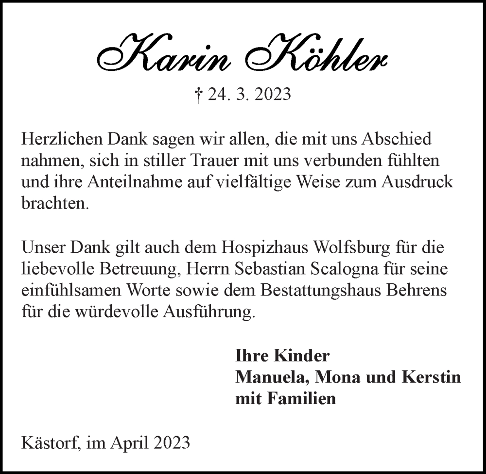 Traueranzeigen von Karin Köhler traueranzeigen.de