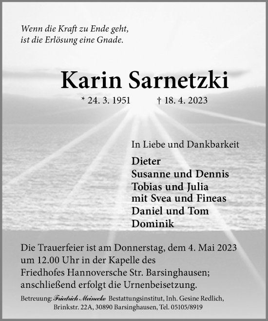 Traueranzeige von Karin Sarnetzki von Hannoversche Allgemeine Zeitung/Neue Presse