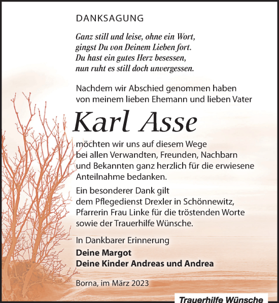 Traueranzeige von Karl Asse von Leipziger Volkszeitung