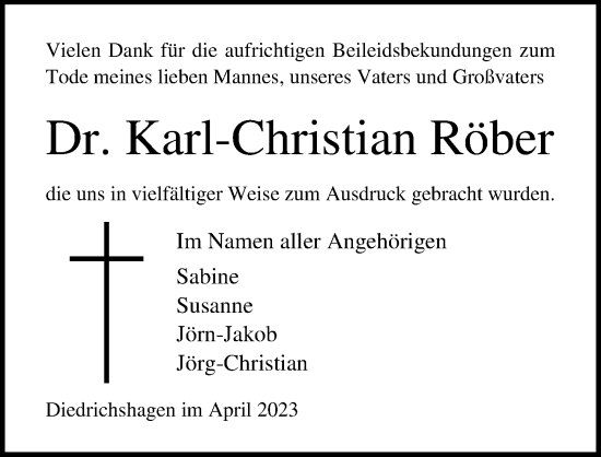 Traueranzeige von Karl-Christian Röber von Ostsee-Zeitung GmbH