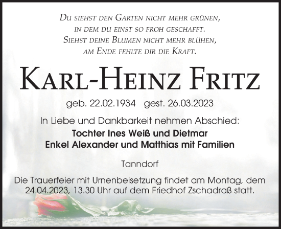 Traueranzeige von Karl-Heinz Fritz von Leipziger Volkszeitung