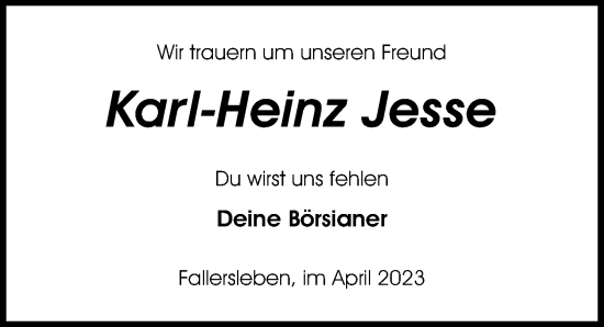 Traueranzeige von Karl-Heinz Jesse von Aller Zeitung