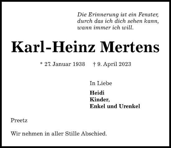 Traueranzeige von Karl-Heinz Mertens von Kieler Nachrichten