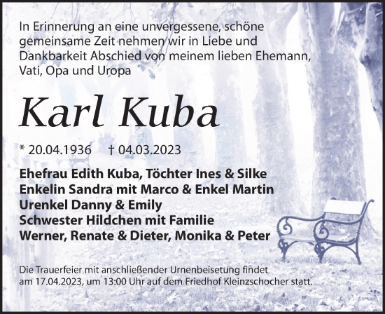 Traueranzeige von Karl Kuba von Leipziger Volkszeitung