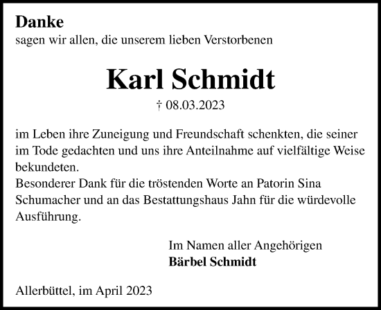 Traueranzeige von Karl Schmidt von Aller Zeitung