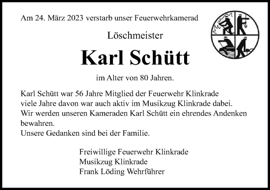 Traueranzeige von Karl Schütt von Lübecker Nachrichten