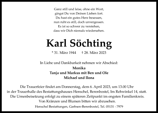 Traueranzeige von Karl Söchting von Hannoversche Allgemeine Zeitung/Neue Presse