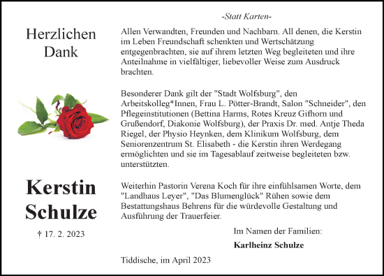 Traueranzeige von Kerstin Schulze von Aller Zeitung
