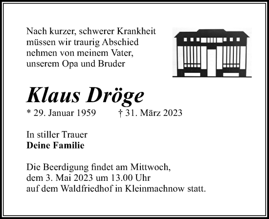 Traueranzeige von Klaus Dröge von Märkischen Allgemeine Zeitung