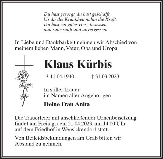 Traueranzeige von Klaus Kürbis von Märkischen Allgemeine Zeitung