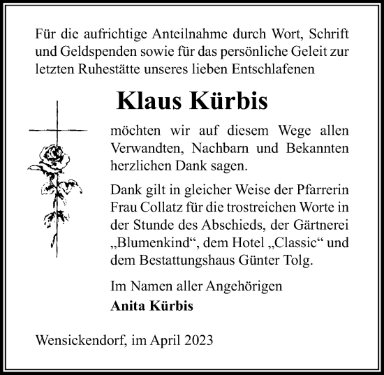 Traueranzeige von Klaus Kürbis von Märkischen Allgemeine Zeitung