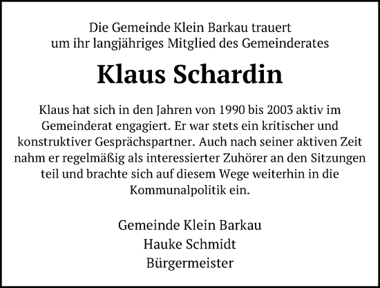 Traueranzeige von Klaus Schardin von Kieler Nachrichten