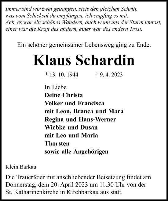 Traueranzeige von Klaus Schardin von Kieler Nachrichten