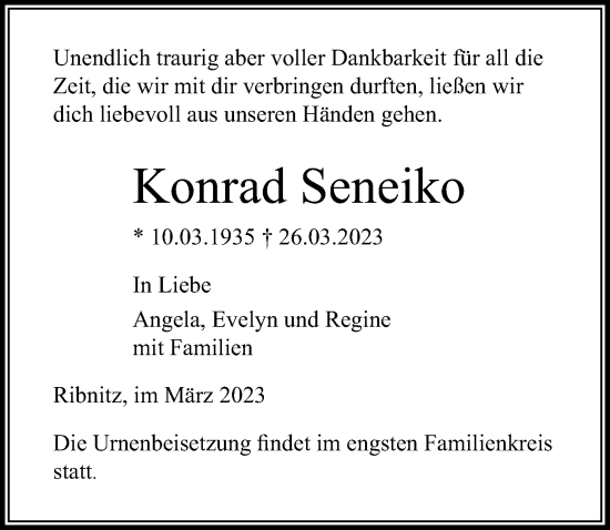 Traueranzeige von Konrad Seneiko von Ostsee-Zeitung GmbH