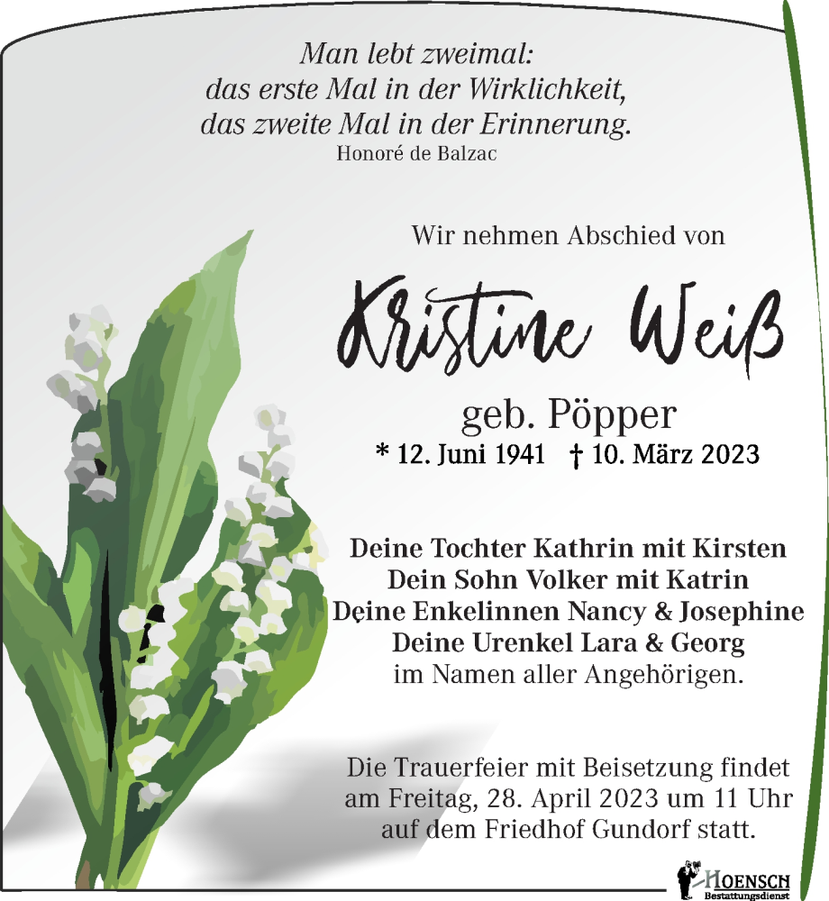  Traueranzeige für Kristine Weiß vom 08.04.2023 aus Leipziger Volkszeitung