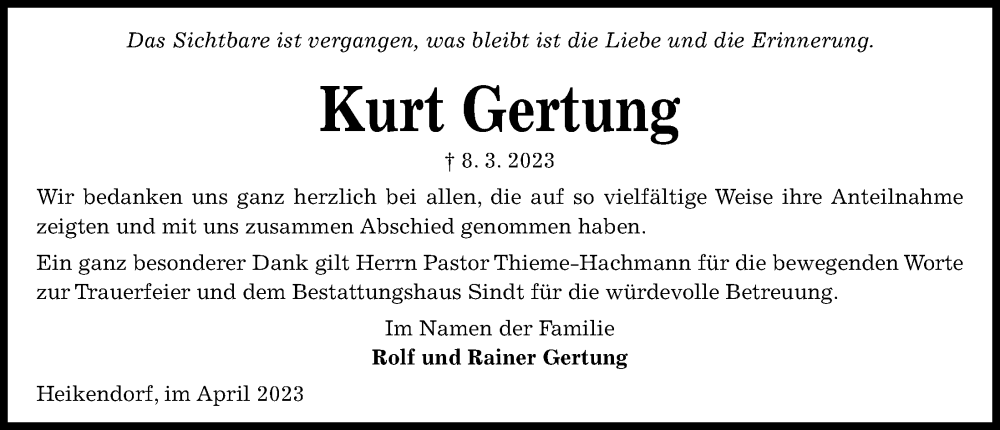  Traueranzeige für Kurt Gertung vom 15.04.2023 aus Kieler Nachrichten