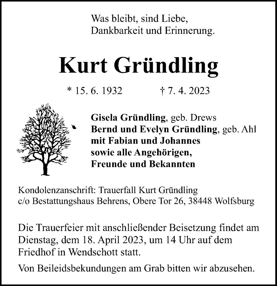  Traueranzeige für Kurt Gründling vom 15.04.2023 aus Aller Zeitung