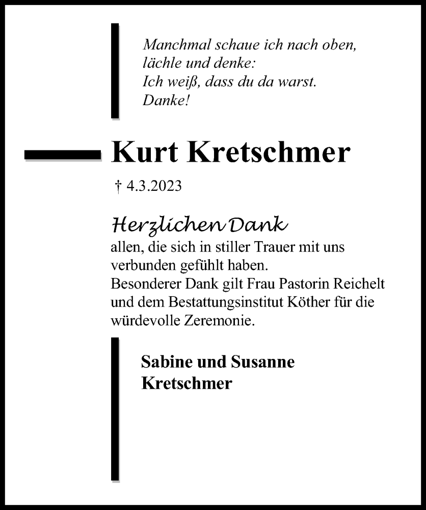  Traueranzeige für Kurt Kretschmer vom 08.04.2023 aus Peiner Allgemeine Zeitung