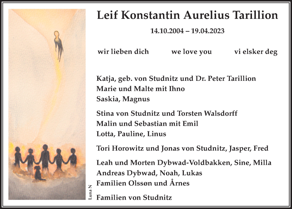  Traueranzeige für Leif Konstantin Aurelius Tarillion vom 22.04.2023 aus Peiner Allgemeine Zeitung