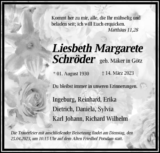 Traueranzeige von Liesbeth Margarete Schröder von Märkischen Allgemeine Zeitung