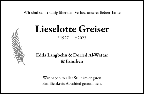 Traueranzeige von Lieselotte Greiser von Lübecker Nachrichten