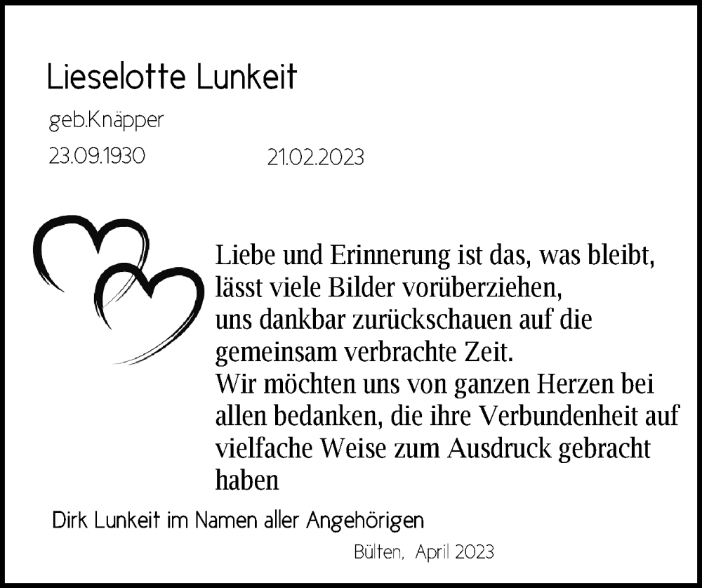  Traueranzeige für Lieselotte Lunkeit vom 22.04.2023 aus Peiner Allgemeine Zeitung