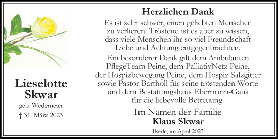 Traueranzeige von Lieselotte Skwar von Peiner Allgemeine Zeitung