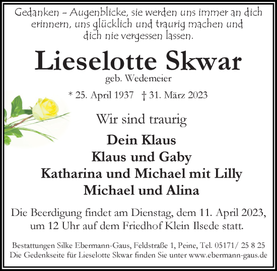 Traueranzeige von Lieselotte Skwar von Peiner Allgemeine Zeitung