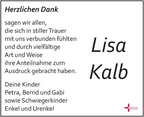 Traueranzeige von Lisa Kalb von Leipziger Volkszeitung
