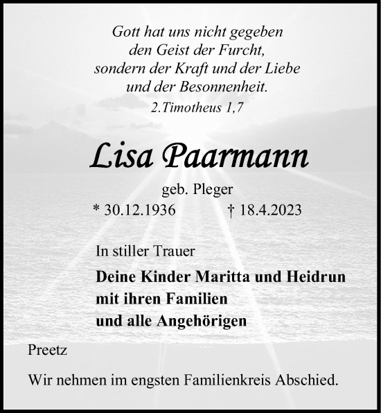 Traueranzeige von Lisa Paarmann von Kieler Nachrichten