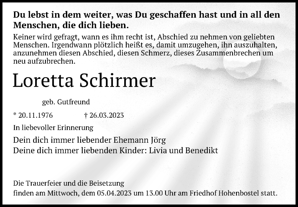  Traueranzeige für Loretta Schirmer vom 01.04.2023 aus Hannoversche Allgemeine Zeitung/Neue Presse