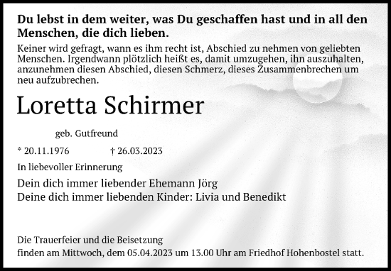 Traueranzeige von Loretta Schirmer von Hannoversche Allgemeine Zeitung/Neue Presse